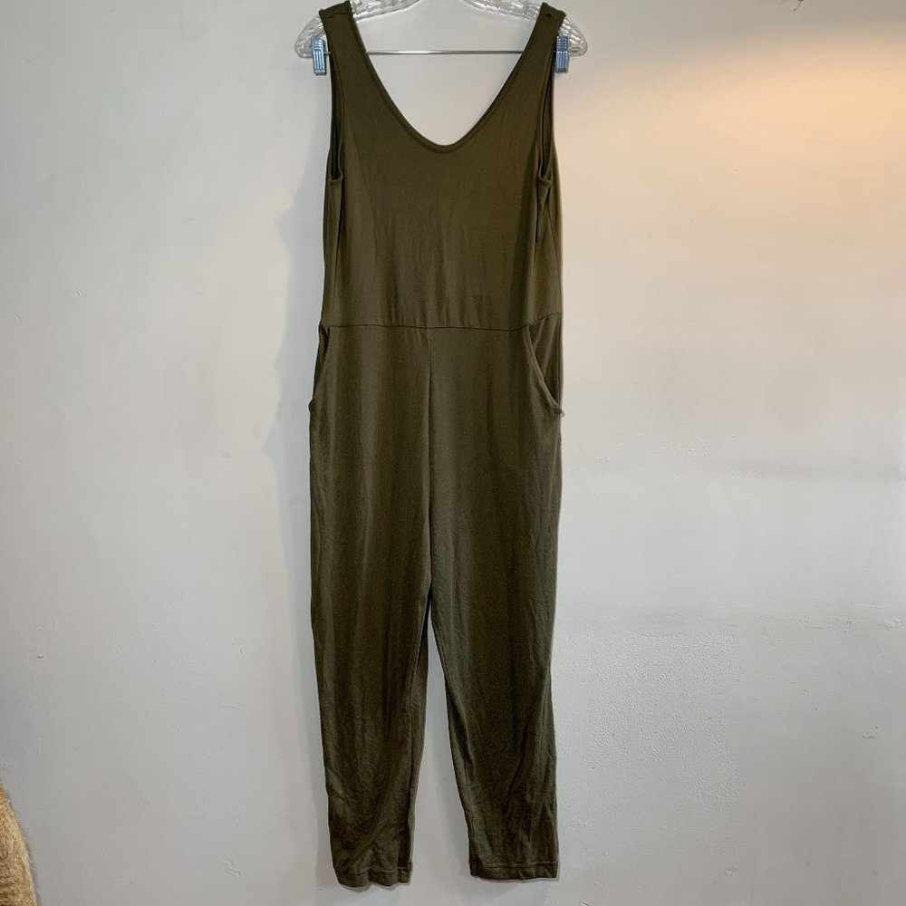 Jumpsuit - sleeveless, v-neck, soft stretchy fabric, dark green